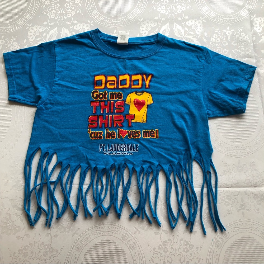 Gildan Girls Size S Blue Cropped Top Shirt “Daddy Got Me This Shirt” Graphic